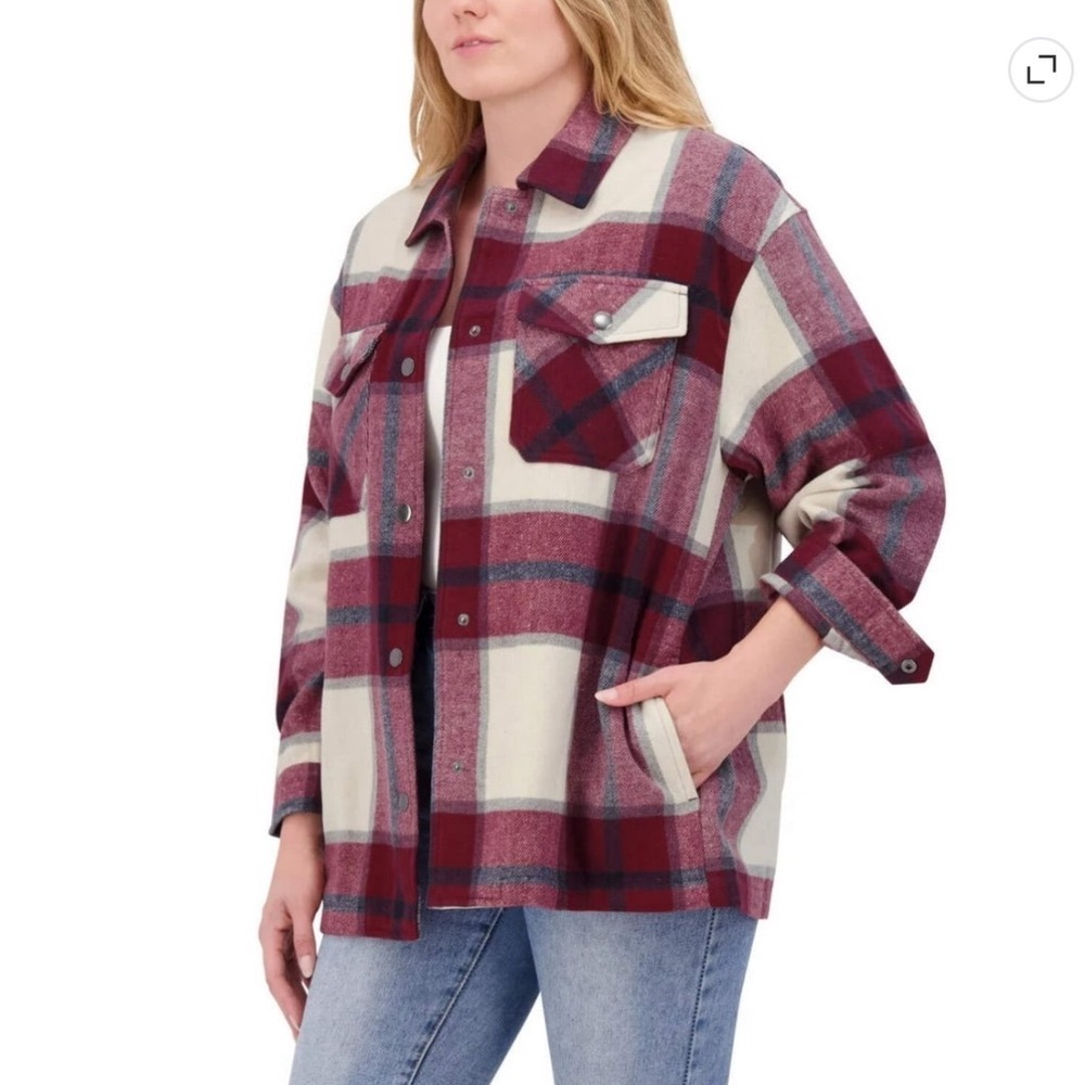 Womens Burgundy Plaid Button Down Shacket Oversized Flannel Jacket Cabincore M - Picture 2 of 7
